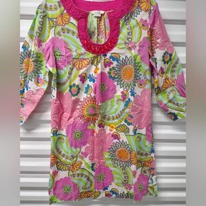 BODEN BRIGHT FLOWER POWER POP '60's TUNIC DRESS w GEMS-RUFFLED COLLAR sz 10.